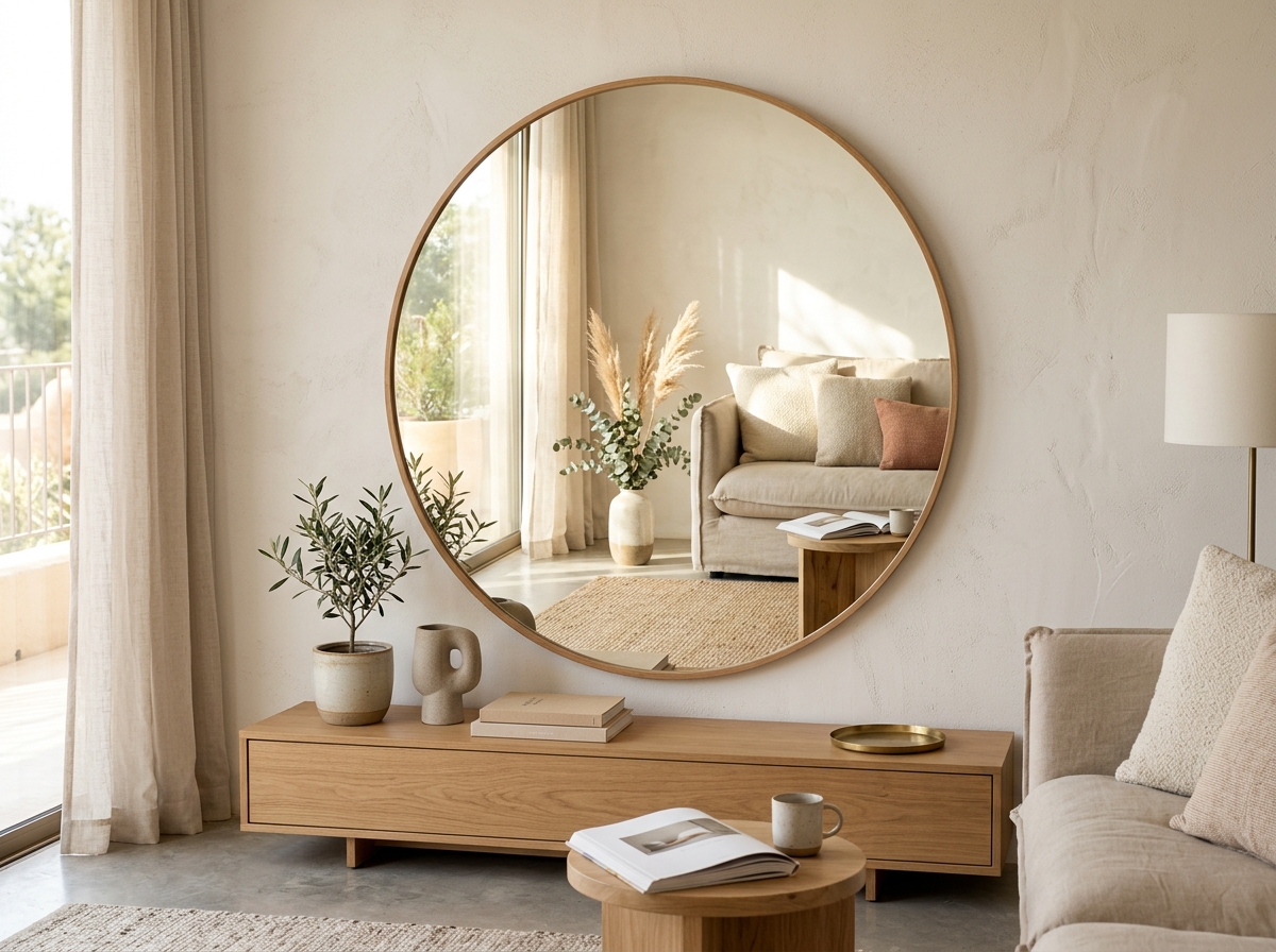 מראה עגולה גדולה עם מסגרת עץ דקה התלויה על קיר בסלון, המשקפת חלל פנים מואר עם ספה, עציץ וטקסטיל בגוונים ניטרליים.