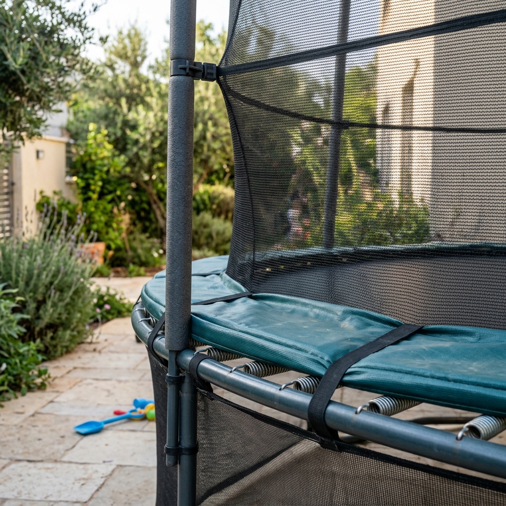 תקריב על ריפוד הקפיצים הירוק ורשת ההגנה השחורה של טרמפולינה ביתית המוצבת בחצר.