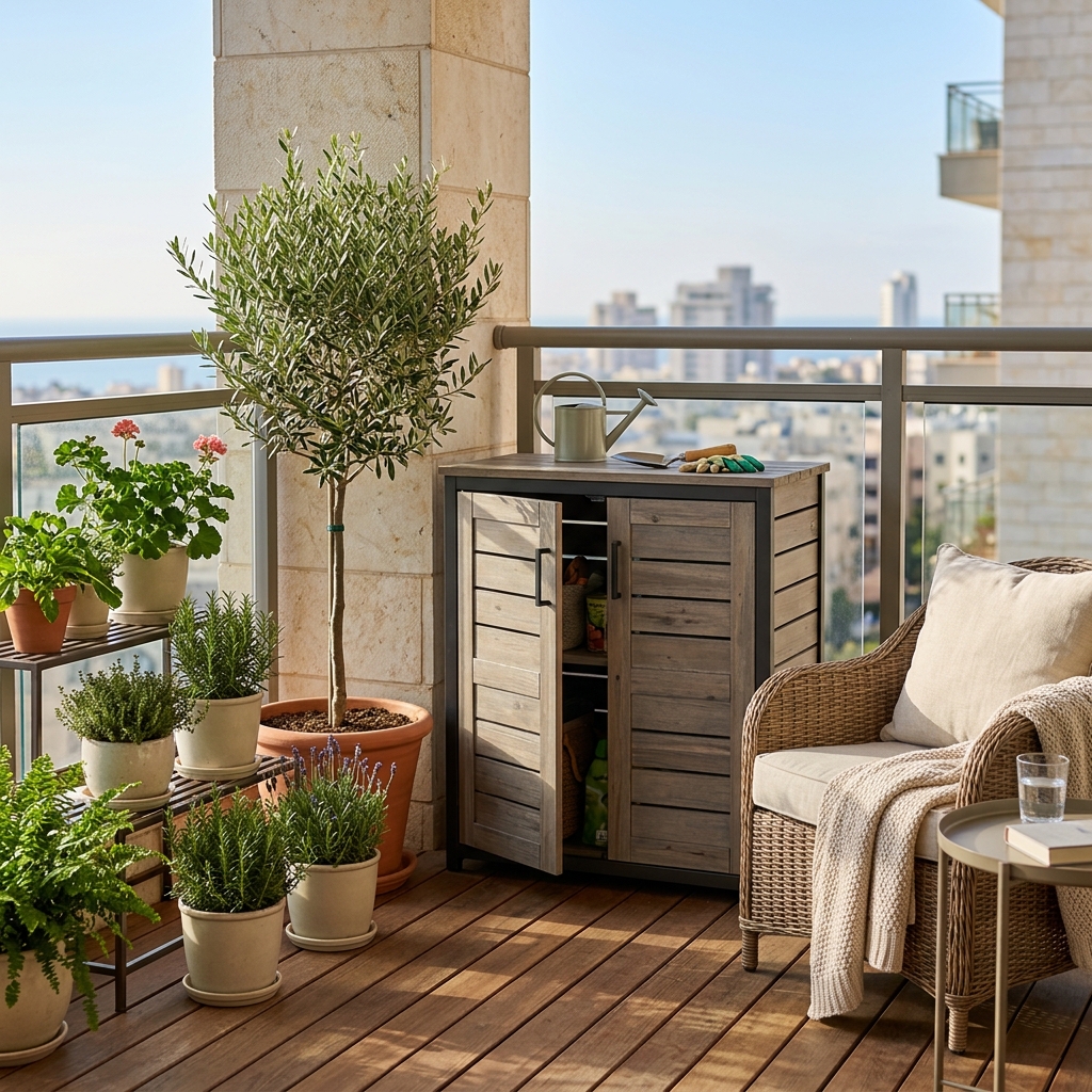 מחסן גינה קטן מעץ עם דלתות פתוחות למחצה, ניצב בפינת מרפסת מרוהטת לצד עציצים ירוקים, כורסת קש נוחה ונוף עירוני ברקע.