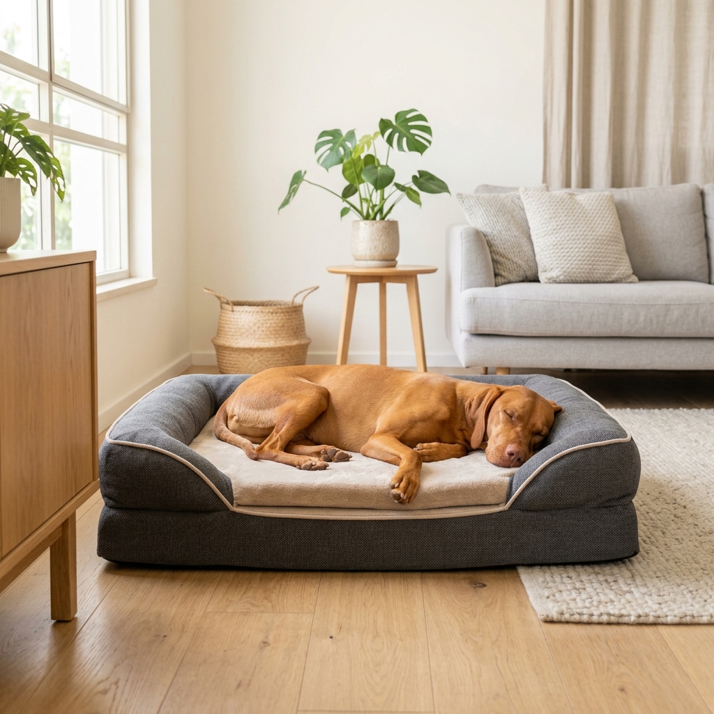 כלב חום ישן בנחת על מזרן אורתופדי אפור עם שוליים בהירים, המונח על רצפת עץ בסלון מואר ומעוצב בסגנון מינימליסטי.