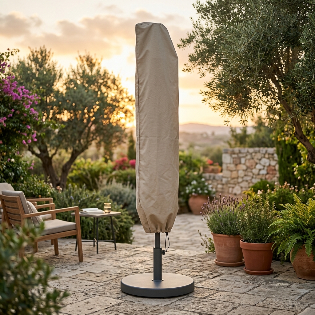 שמשיה מקופלת עומדת במרכז גינה בשעת שקיעה, כשהיא עטופה בכיסוי מגן בד בצבע בז'.