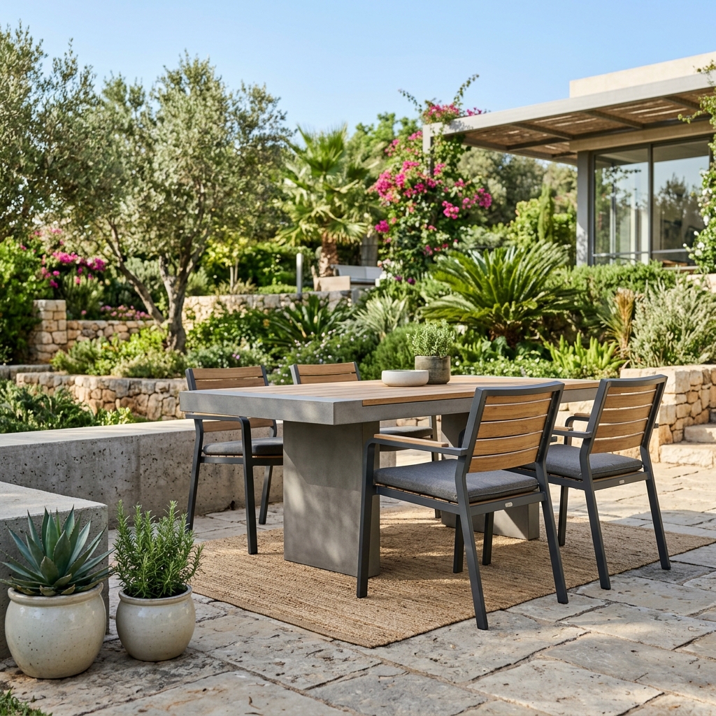 שולחן אוכל חיצוני עם משטח בטון ופרטי עץ מוקף בארבעה כיסאות מעוצבים בעלי מסגרת כהה ומושבים מרופדים, מונח על שטיח קש במרפסת מרוצפת מול גינה ירוקה ומטופחת.
