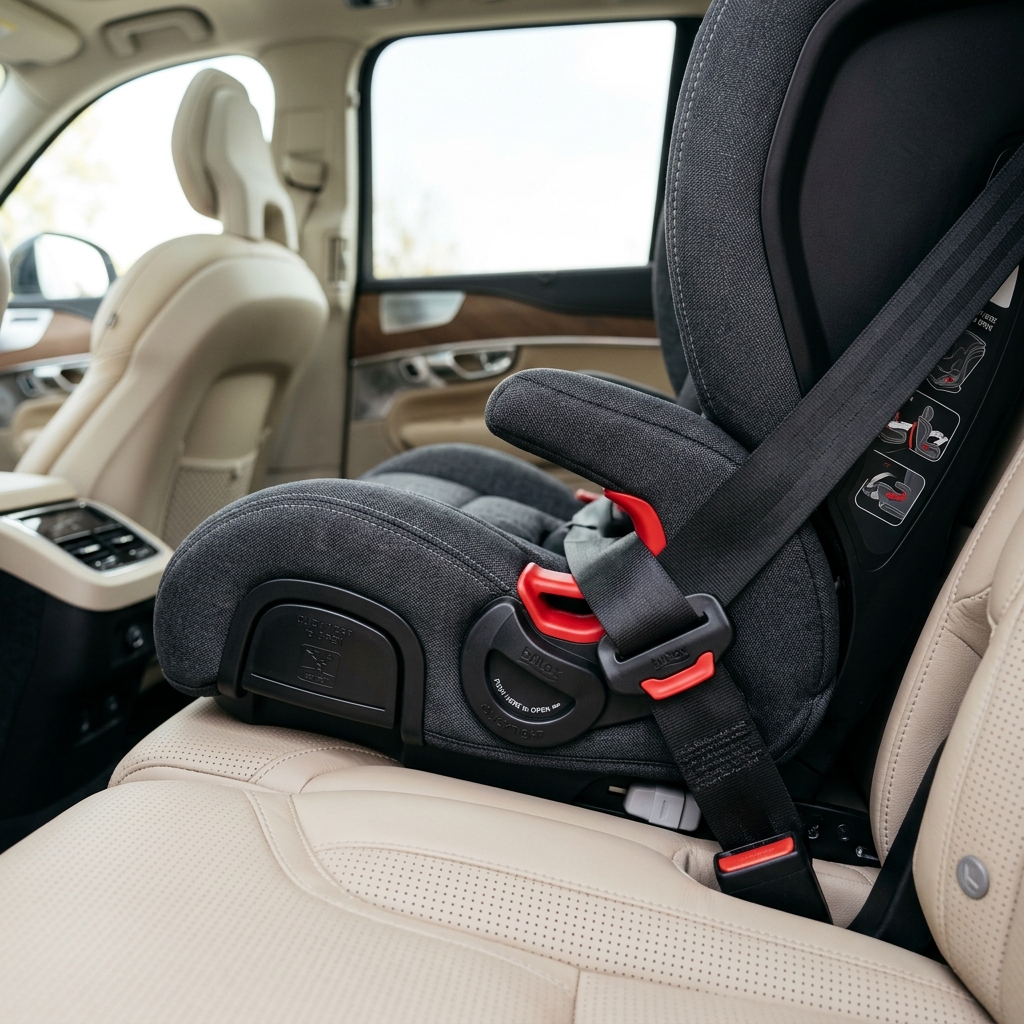 תקריב של כיסא בטיחות Britax מותקן במושב האחורי של רכב, המציג את מנגנון ה-ClickTight עם חגורת הבטיחות של הרכב מושחלת דרכו.