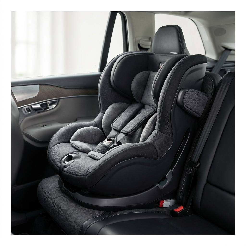 כיסא בטיחות Britax בצבע אפור כהה מותקן במושב האחורי של רכב, במבט מהצד המציג את מבנה הכיסא המרופד ומערכת הרצועות.