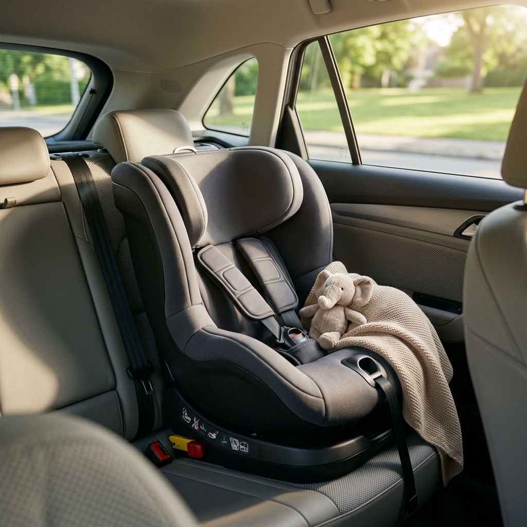 כיסא בטיחות אפור של BRITAX מותקן במושב האחורי של רכב, עליו מונחת בובת פיל קטנה ושמיכה סרוגה בהירה, באווירה רגועה עם אור יום טבעי.
